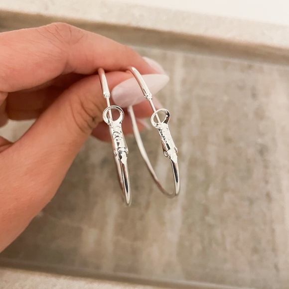 925 Sterling Silver Hoop Earrings Large Thin Silver Hoops Modern Earrings - Picture 4 of 6